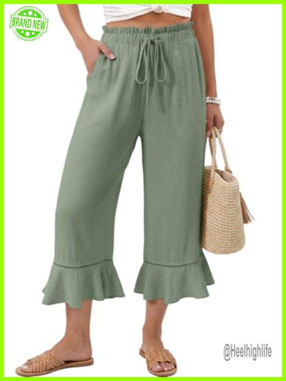 Linen Blend Wide Leg Ruffle Hem Capri Pants with Pockets